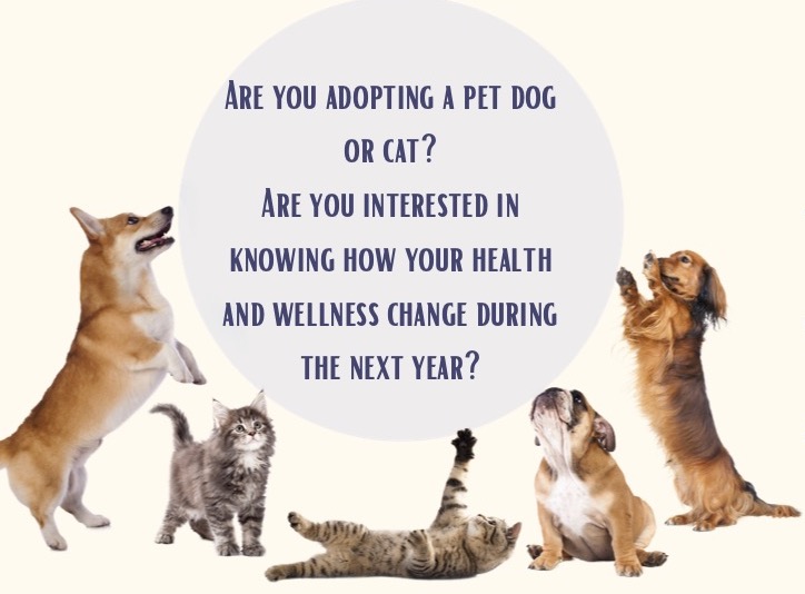 Photos of dogs and cats with the words: Are you adopting a pet dog or cat?
Are you interested in knowing how your health and wellness change during the next year?